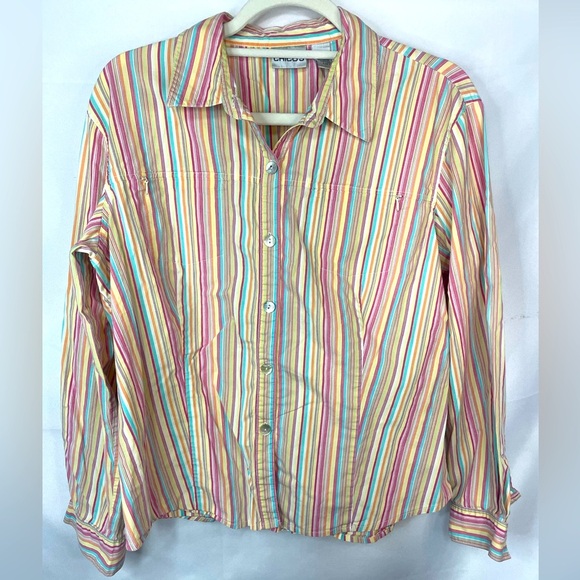 Chicos cotton blend button down in very warm colors. So soft, with zip pockets. - Picture 1 of 5